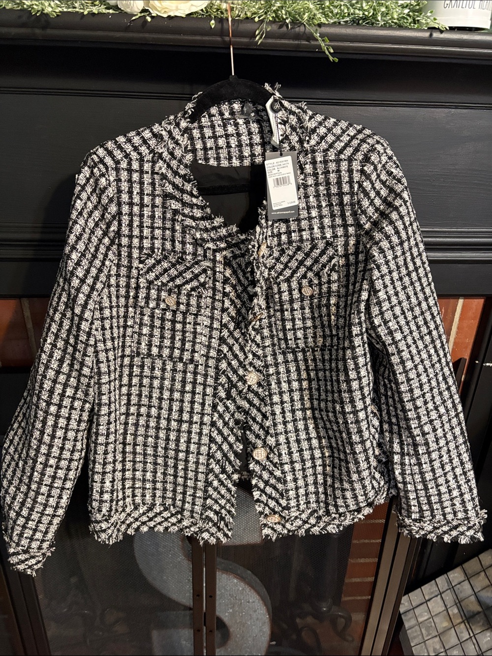 Adrianna Papell Black and White Tweed Fringe Jacket
